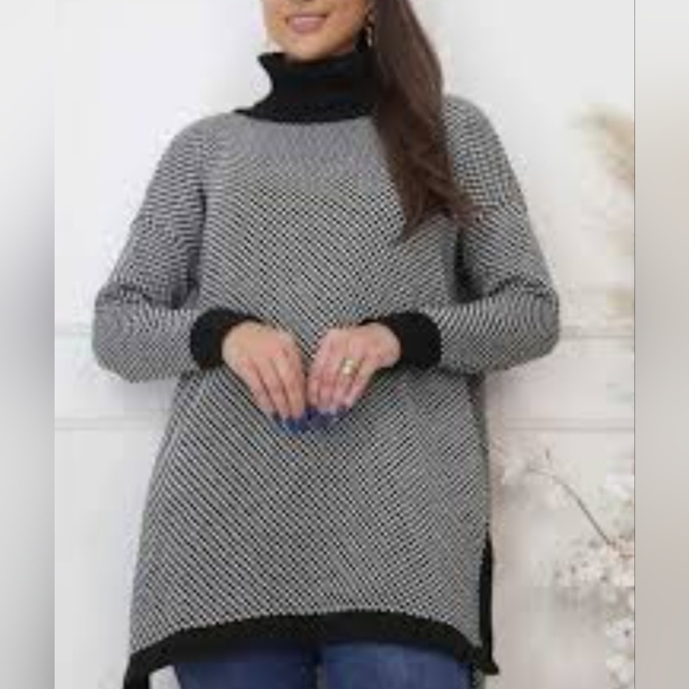 Karen Scott Black & White 100%Cotton Turtleneck Sweater Size Large